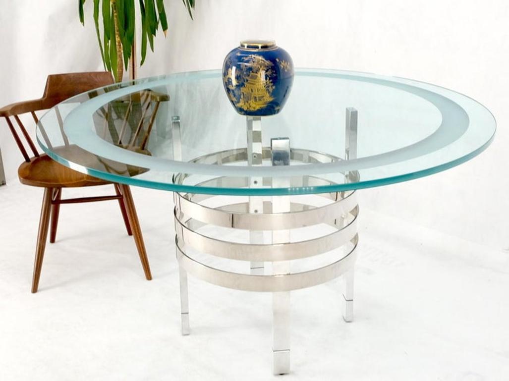 Heavy Polished Solid Stainless Steel Glass Round Dining Game Table Ribbed Design