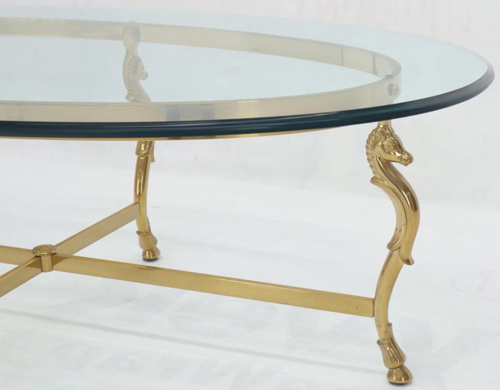 Oval Solid Brass Hoof Feet Horse Heads Base Glass Top Coffee Table