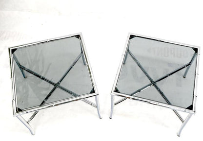 Pair of Chrome Metal Faux Bamboo x Base Smoked Glass End Side Tables