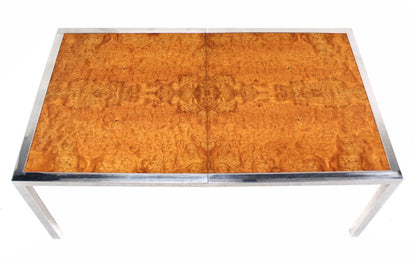 Chrome Burl Wood Dining Conference Table with Two Leaves