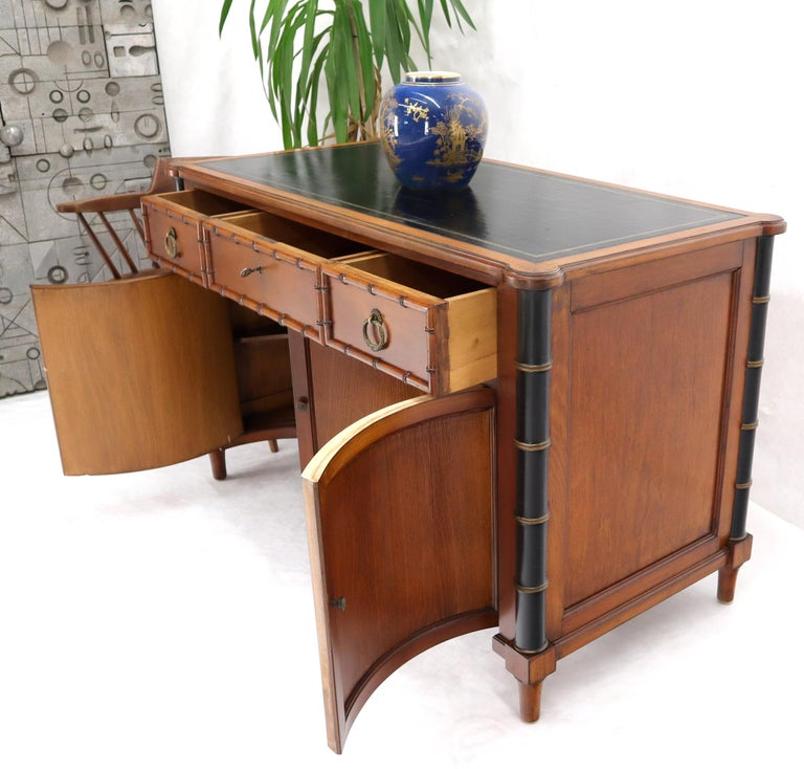 Faux Bamboo Black Leather Top Mahogany Desk with Curved Bottom Doors Compartment