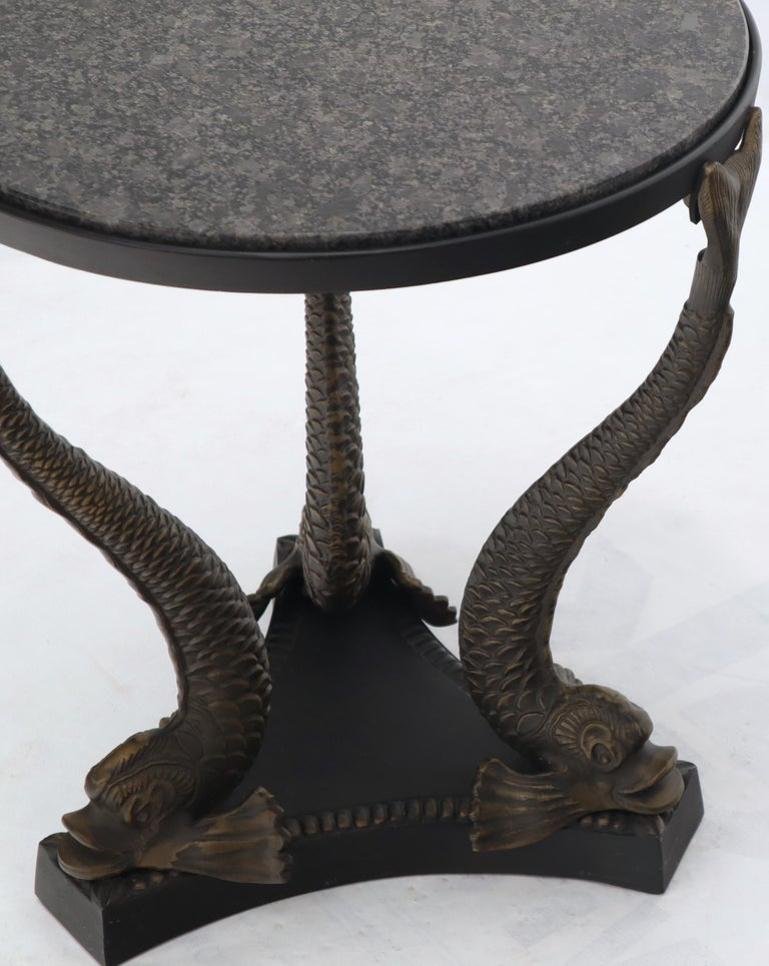 Bronze Triple Dolphins Base Granite Top Round Side End Table Pedestal