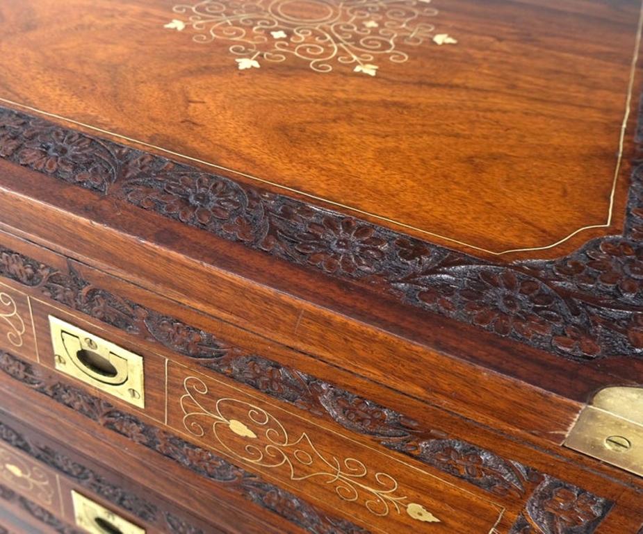 Pair 3 Drawer Solid Rosewood Campaign Style Brass Inlay Decorated Night Stands