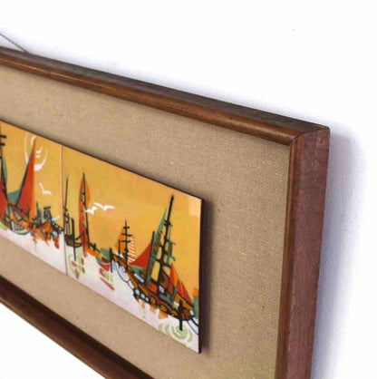 Walnut Framed Enamel Tiles Ship Bay Motif Plaque