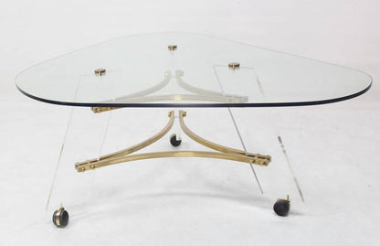 Mid Century Modern Kidney Shape Brass & Lucite Base Coffee Table Mint!