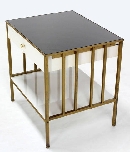 Solid Brass Mid Century Modern End Side Table One Drawer Stand Smoked Glass Top