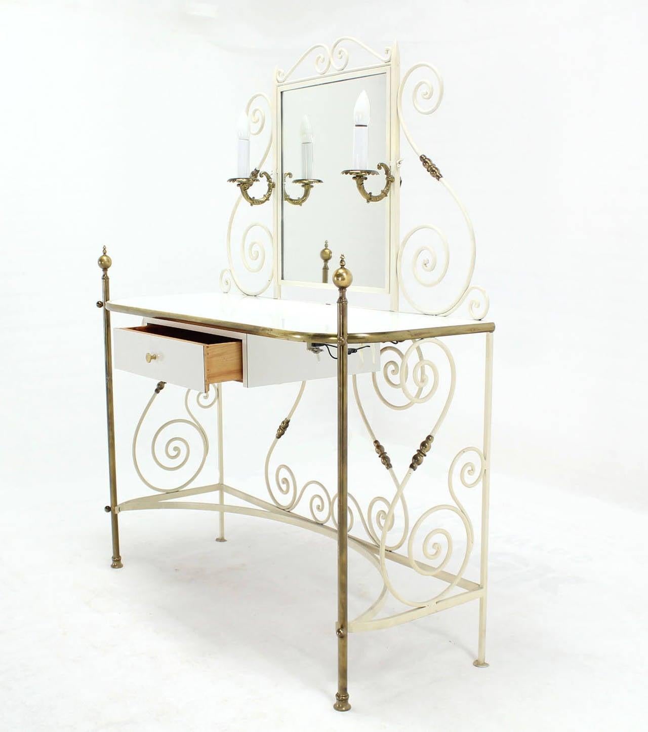 Decorative Vanity Dressing Table Milk Glass Top Metal Scroll Brass Hardware MINT