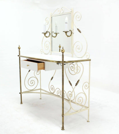 Decorative Vanity Dressing Table Milk Glass Top Metal Scroll Brass Hardware MINT