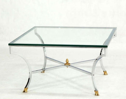 Hoof Brass Feet Chrome X Shape Base 3/4" Glass Square Coffee Table Clean