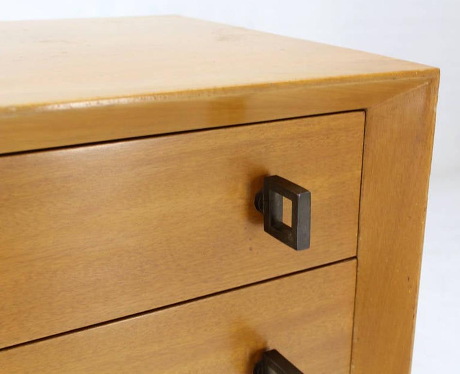 Pair of Mid-Century Modern Blonde Bachelor Chests with Heavy Brass Hardware