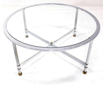 Mid Century Italian Modern Round Chrome & Brass Base Glass Top Coffee Table Mint