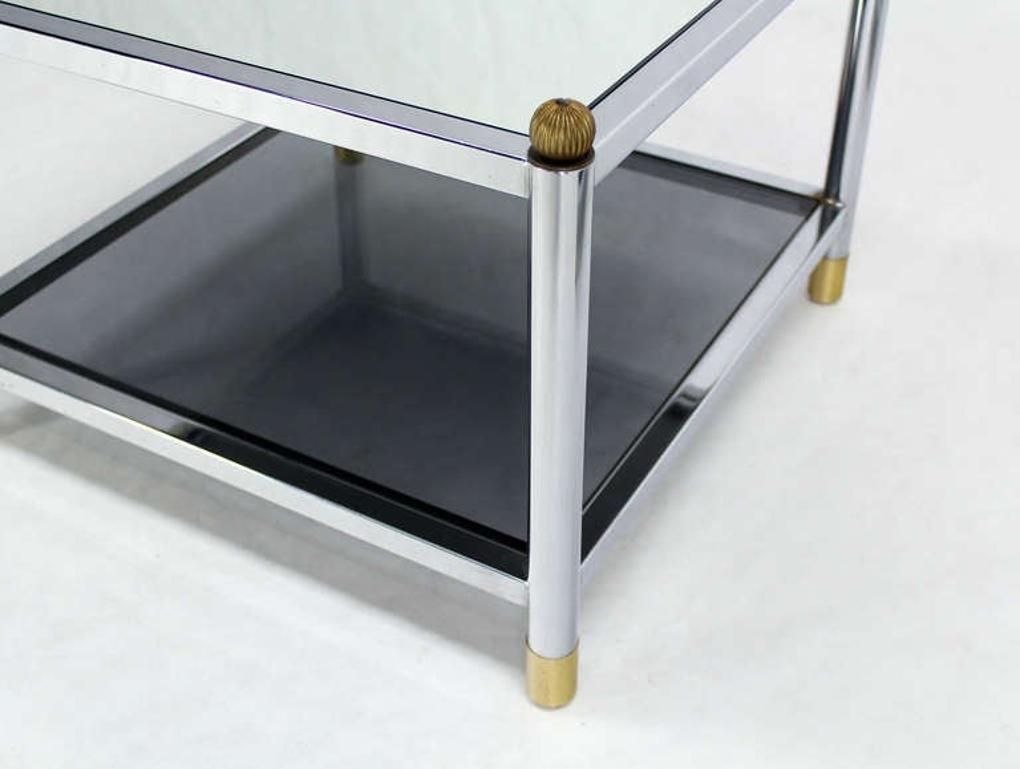 Pair Square Chrome & Brass Smoked Glass Shelf Mirrored Top End Side Tables MINT!