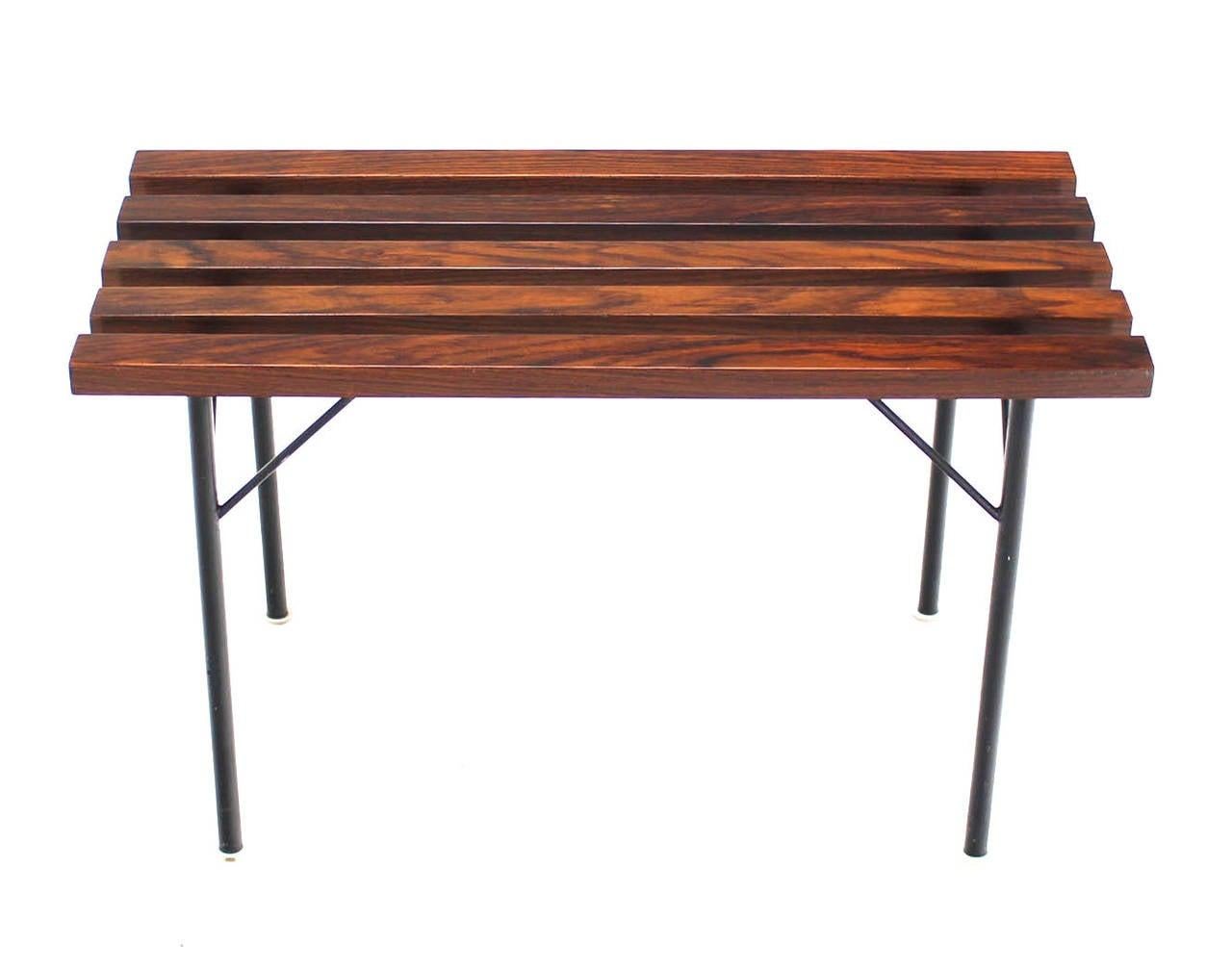 Solid Rosewood Small Compact Mid Century Modern Slat Bench Black Metal Base MINT