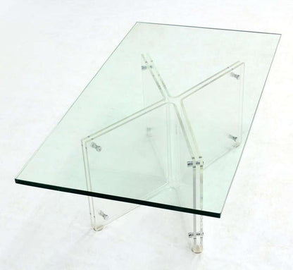 Mid-Century Modern Lucite X Base Glass Top Rectangle Coffee Table