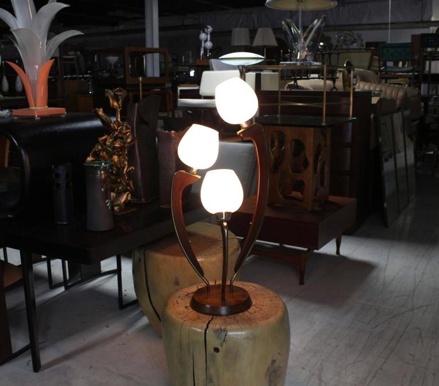 Mid-Century Modern Walnut Brass and Glass Three Shades Table Lamp