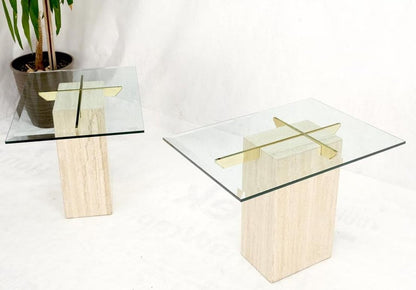 Pair of Travertine Pedestal Bases Brass Frames Glass Tops End Side Tables Stands