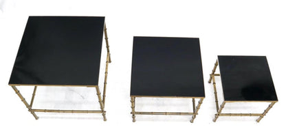 Solid Brass Faux Bamboo Set of 3 Nesting Tables with Black Vitrolite Glass