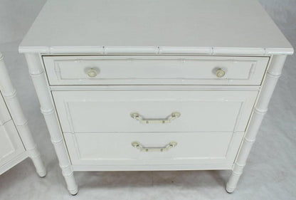 Pair of White Lacquer Faux Bamboo Large Nightstands Three-Drawer Bachelor Chests