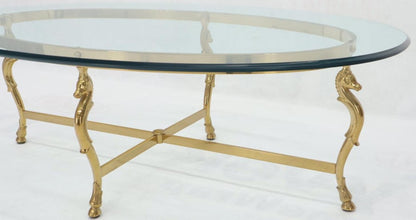 Oval Solid Brass Hoof Feet Horse Heads Base Glass Top Coffee Table