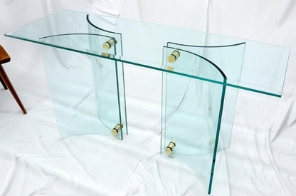 Curved Glass Base Glass Top Brass Stretchers Console Table