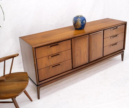 Long Walnut Mid-Century Modern 9 Drawers Credenza Dresser Double Door Cabinet