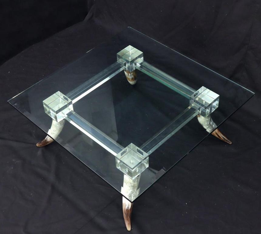 Bull Horns Shaped to Legs Lucite Stretchers Base Square Glass Top Coffee Table