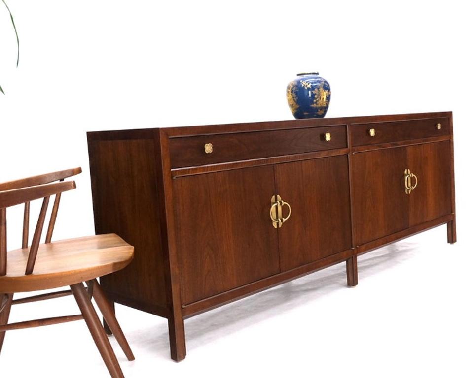 Long Walnut Mid-Century Modern Dresser Credenza w/ Brass Buckle Shape Pulls