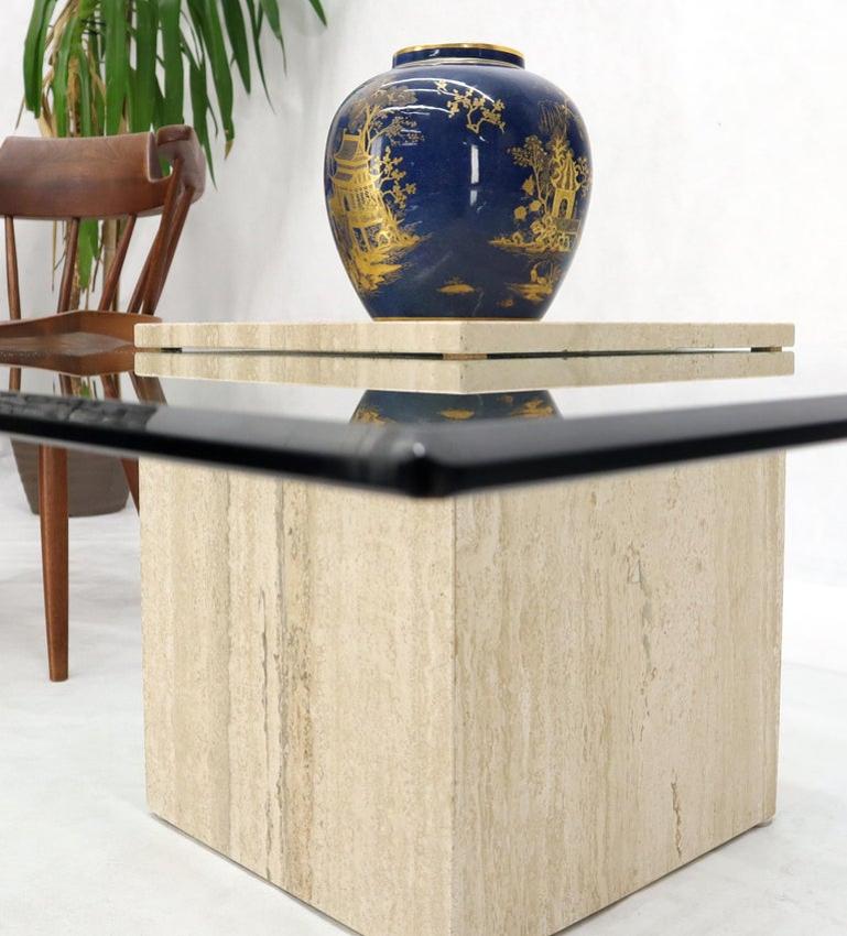 Large Square Travertine Base Glass Top Coffee Table