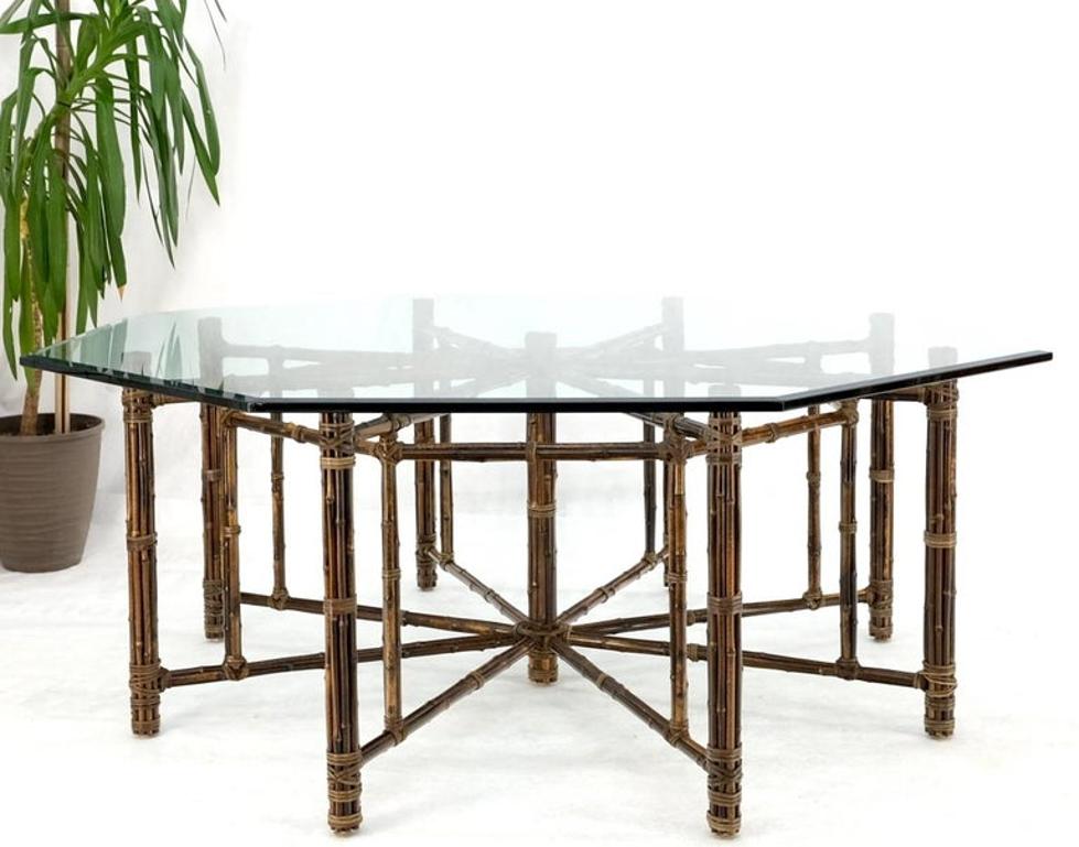 Very Large Octagonal Glass Top Leather Strapped Bamboo McGuire Dining Table