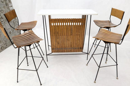 Arthur Umanoff Set of 4 Rattan Wrought Iron Bar Stools with Matching Bar