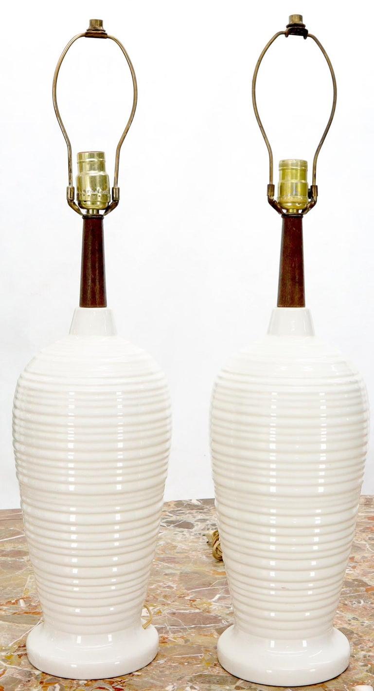 Pair of Vase Shape Glazed Ceramic Pottery Walnut Table Lamps