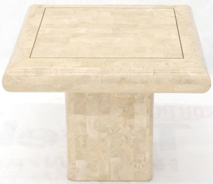 Pair of Square Tessellated Stone Veneer Brass Inlay End Tables Stands