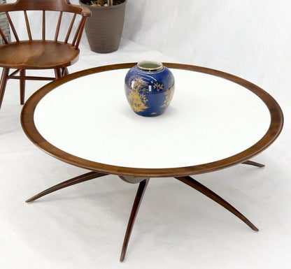 Mid-Century Modern Around Walnut Spider Base Coffee Table White Milk Glass Top