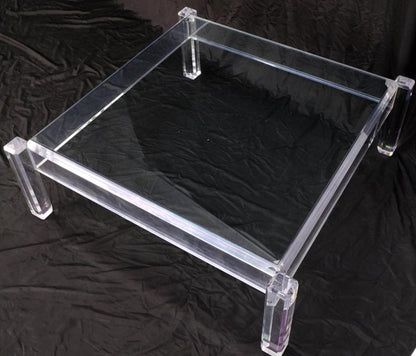 Mid Century Modern Thick Polished Lucite Base Glass Top Square Coffee Table