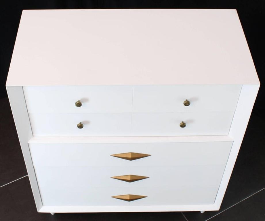 White Lacquer Deco Style High Chest Dresser with Diamond Pulls