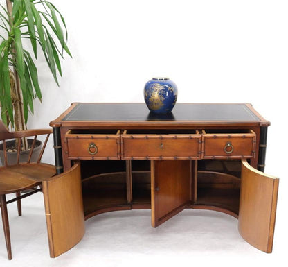 Faux Bamboo Black Leather Top Mahogany Desk with Curved Bottom Doors Compartment
