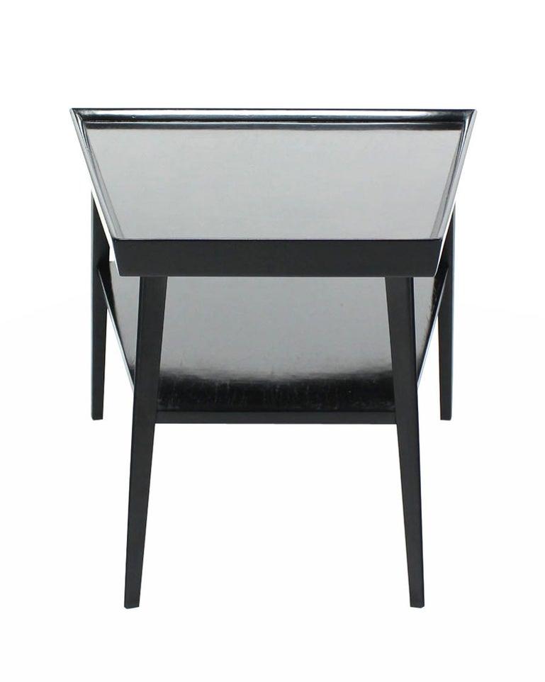 Pair of Black Lacquer Trapezoid Shape Two Tier End Side Tables Stands