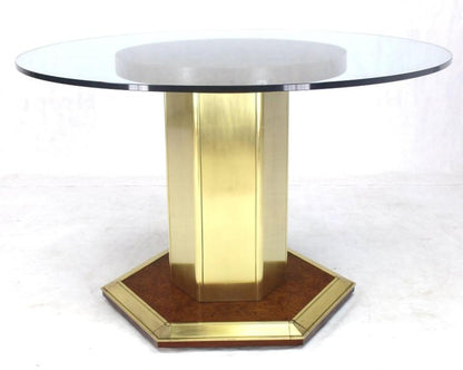 Round Brass Burl Wood Glass Top Center Dining Conference Table Henredon