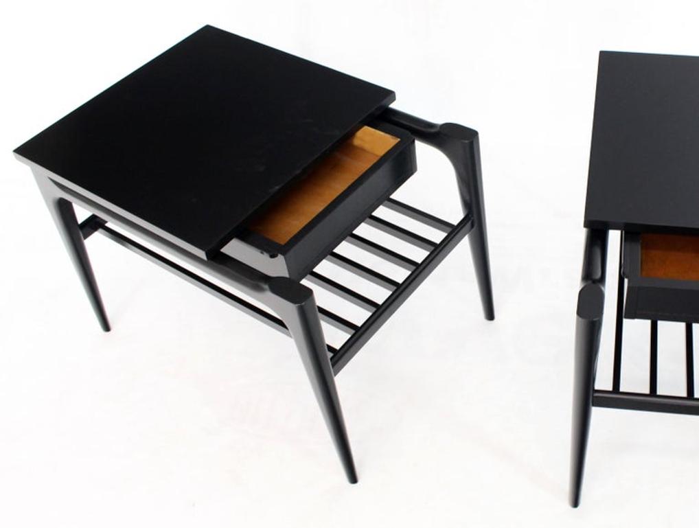 Pair of Black Ebonised One Drawer End Nightstands with Magazine Rack Sculptural