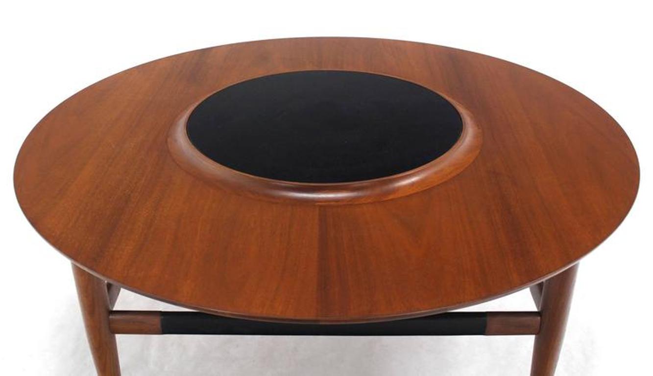 Round Walnut Coffee Table with Raised Black Laminate Lazy Susan Center