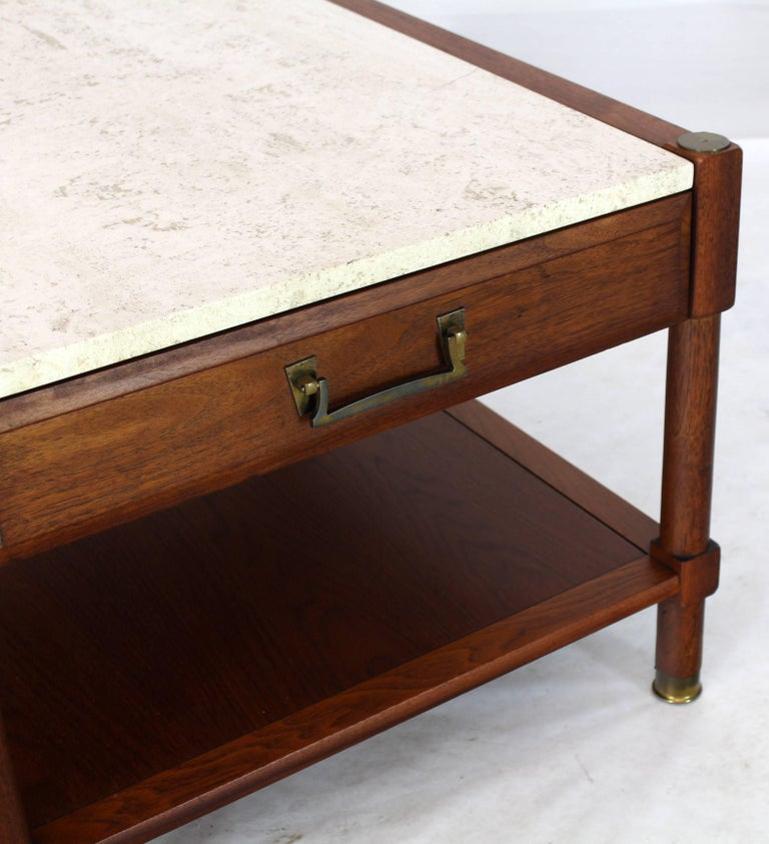 Pair of Travertine Tops One Drawer Oiled Walnut End Side Tables