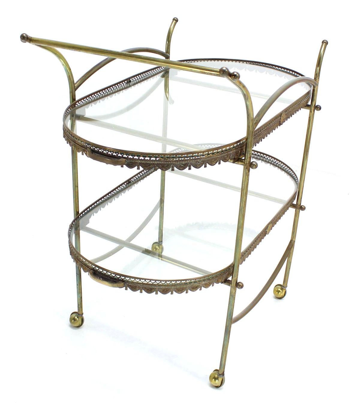 Two Tier Brass & Glass Serving Cart Table with Removable Serving Trays