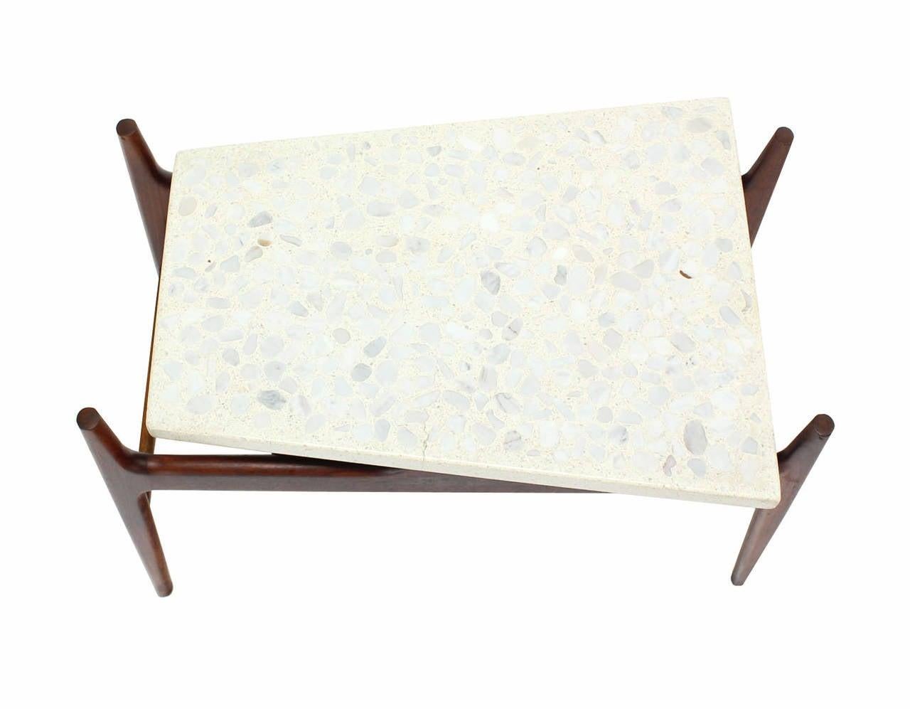 Unusual Trapezoid Travertine Terrazzo Top Oiled Walnut Base End Side Table MINT