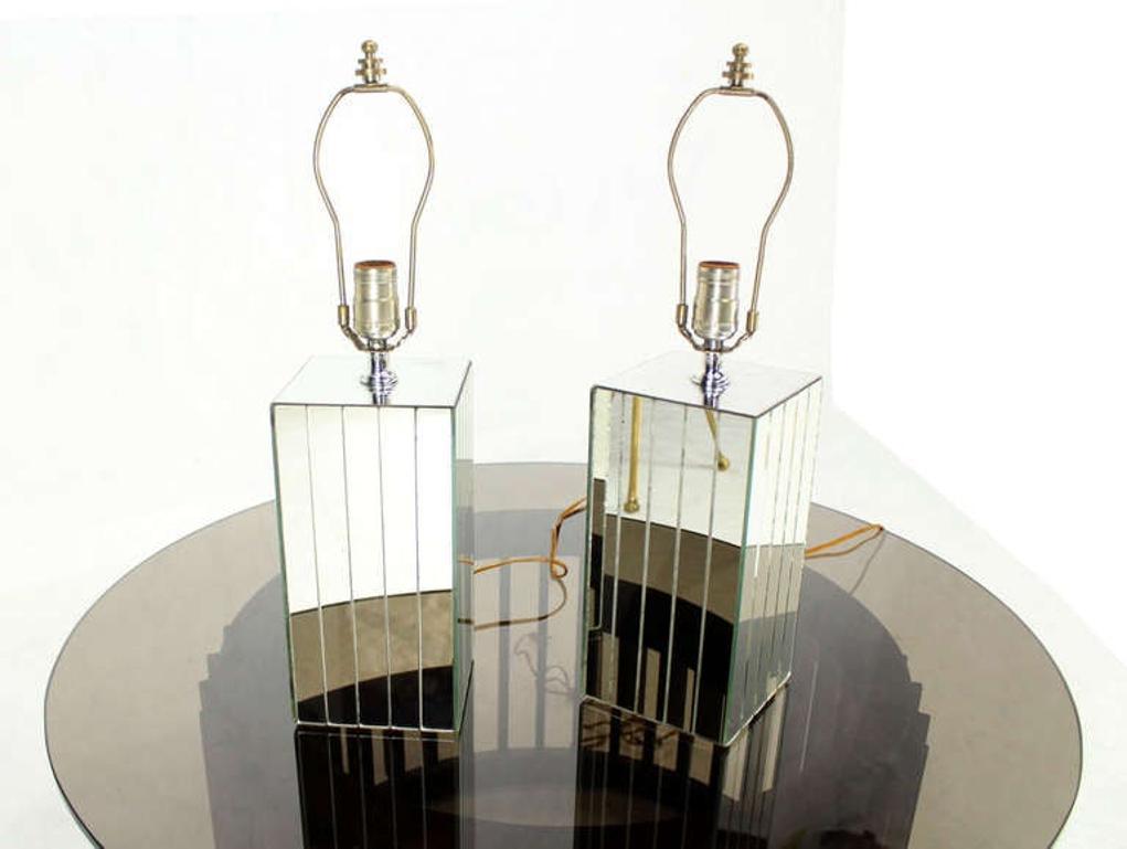 Pair of Square Sky Scraper Shape Mid-Century Modern Mirrored Table Lamps MINT!