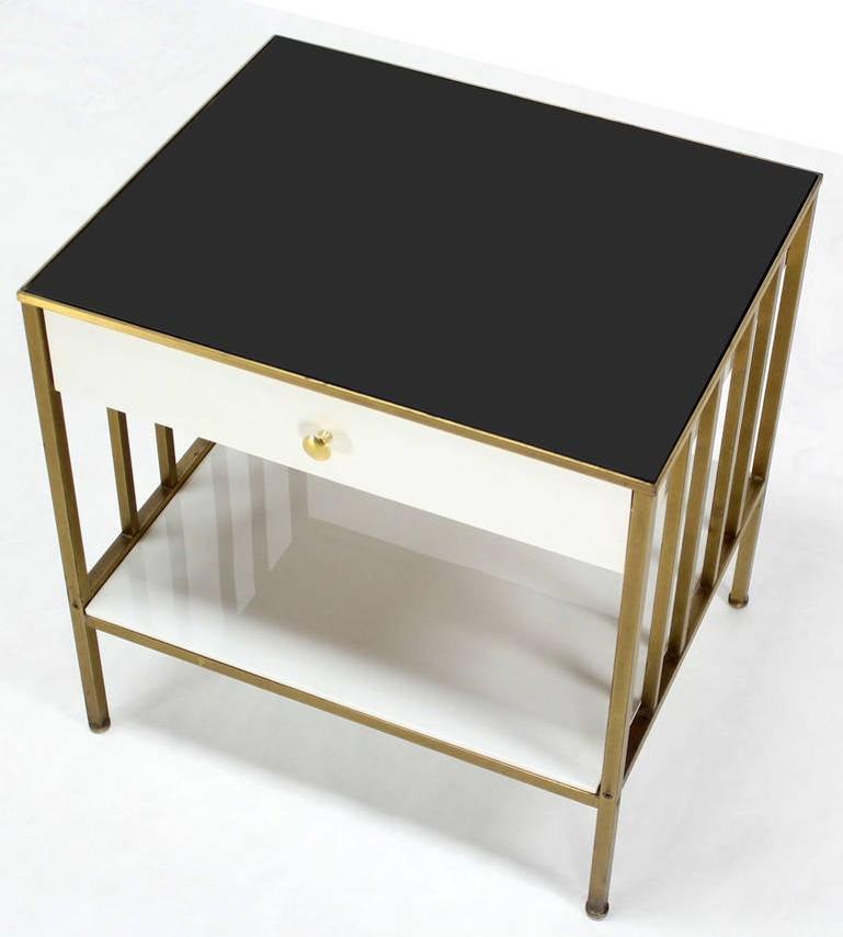 Solid Brass Mid Century Modern End Side Table One Drawer Stand Smoked Glass Top