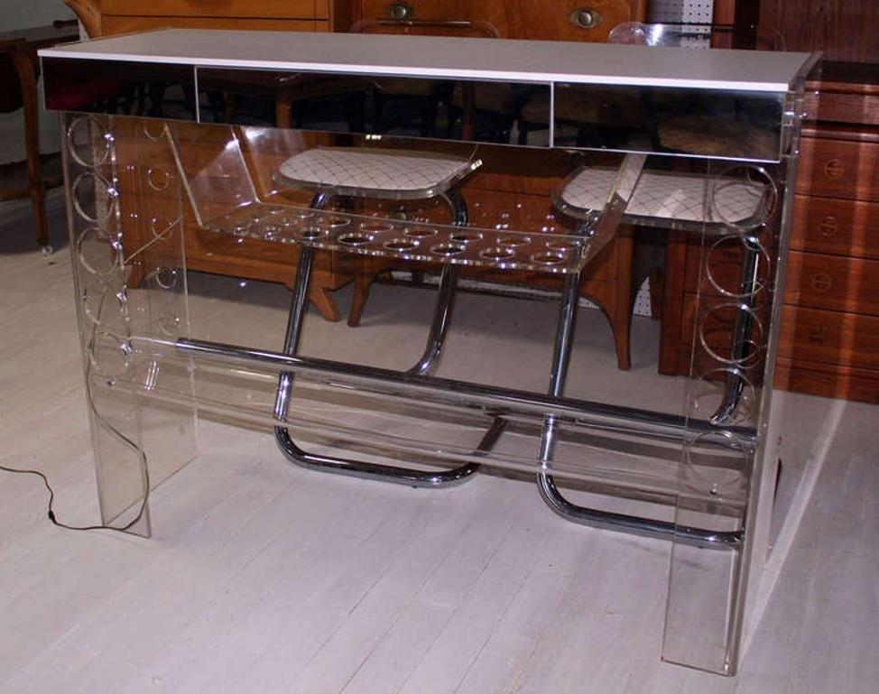 Mid Century Modern Chrome Lucite Bar with Two Bar Stools