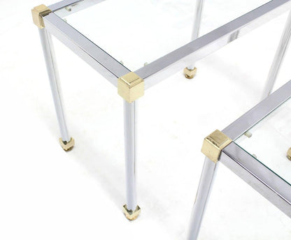 Set of 3  Chrome and Brass Metal Glass Top Nesting Side End Occasional Tables