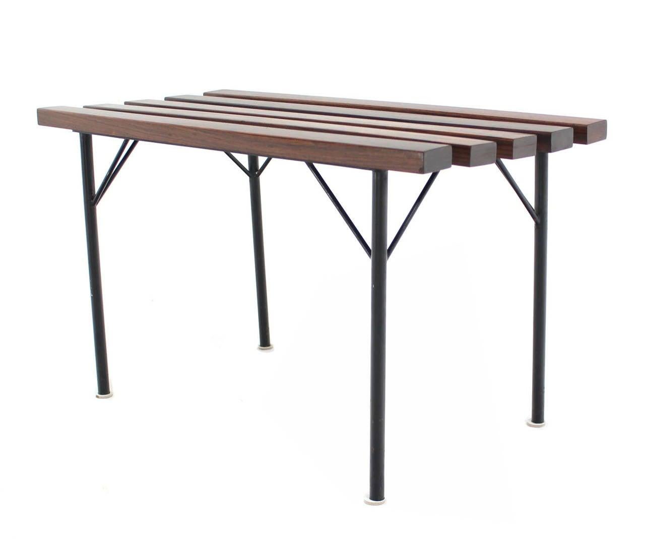 Solid Rosewood Small Compact Mid Century Modern Slat Bench Black Metal Base MINT