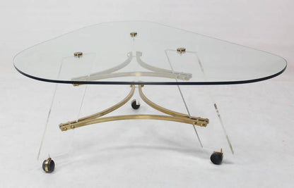 Mid Century Modern Kidney Shape Brass & Lucite Base Coffee Table Mint!