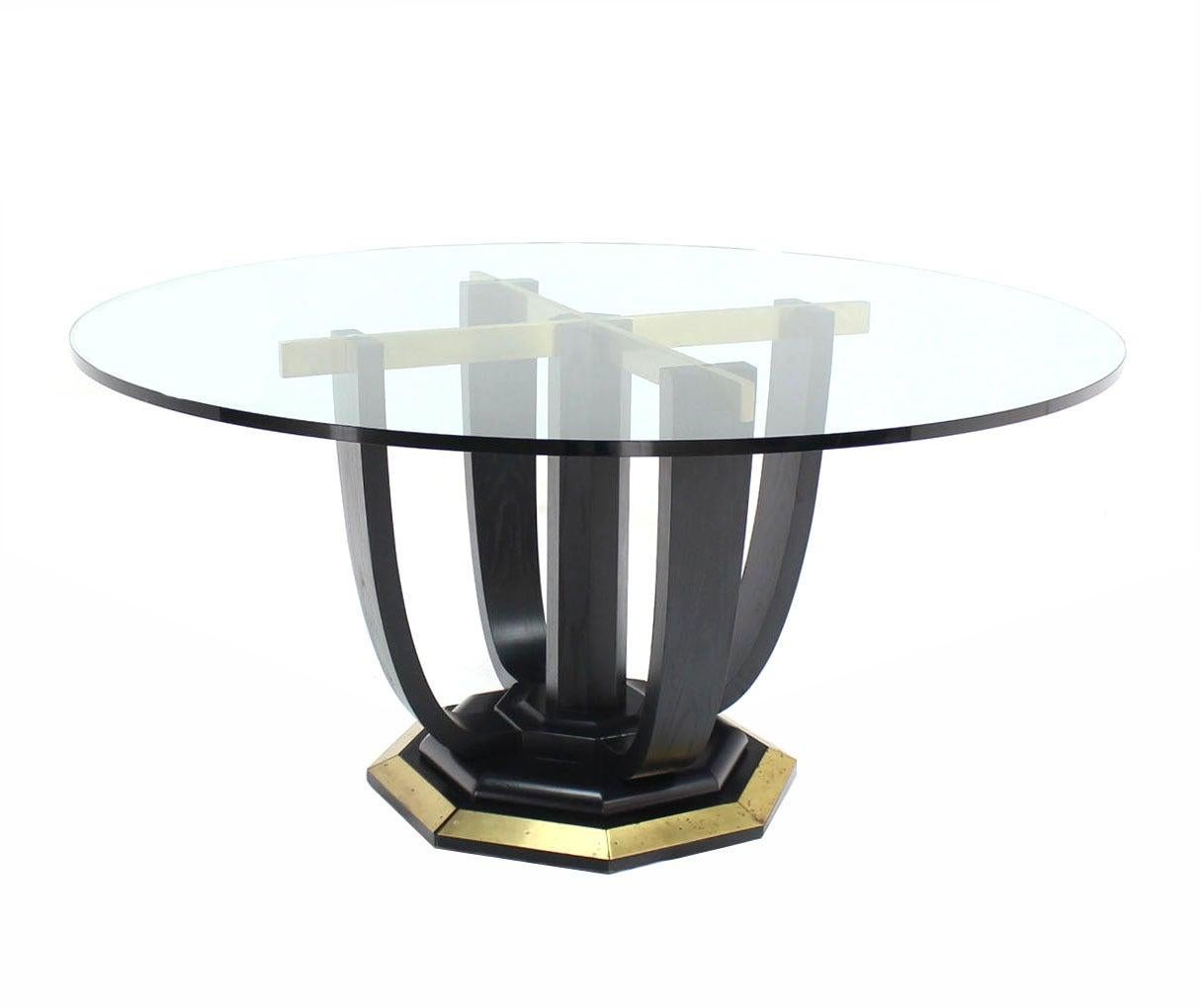 Large Round Glass Top Figural Black Lacquer Bent Wood Brass Base Dining Table